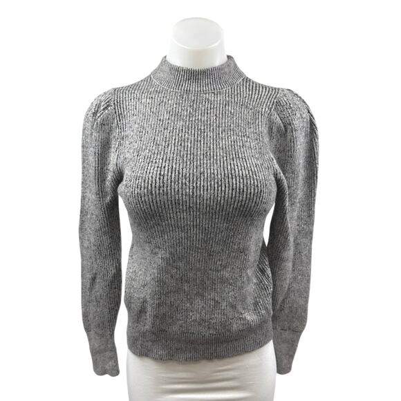 Free Press Gray Ribbed Knit Puff Long Sleeve Mock Neck Sweater Top Size XS - Picture 1 of 4